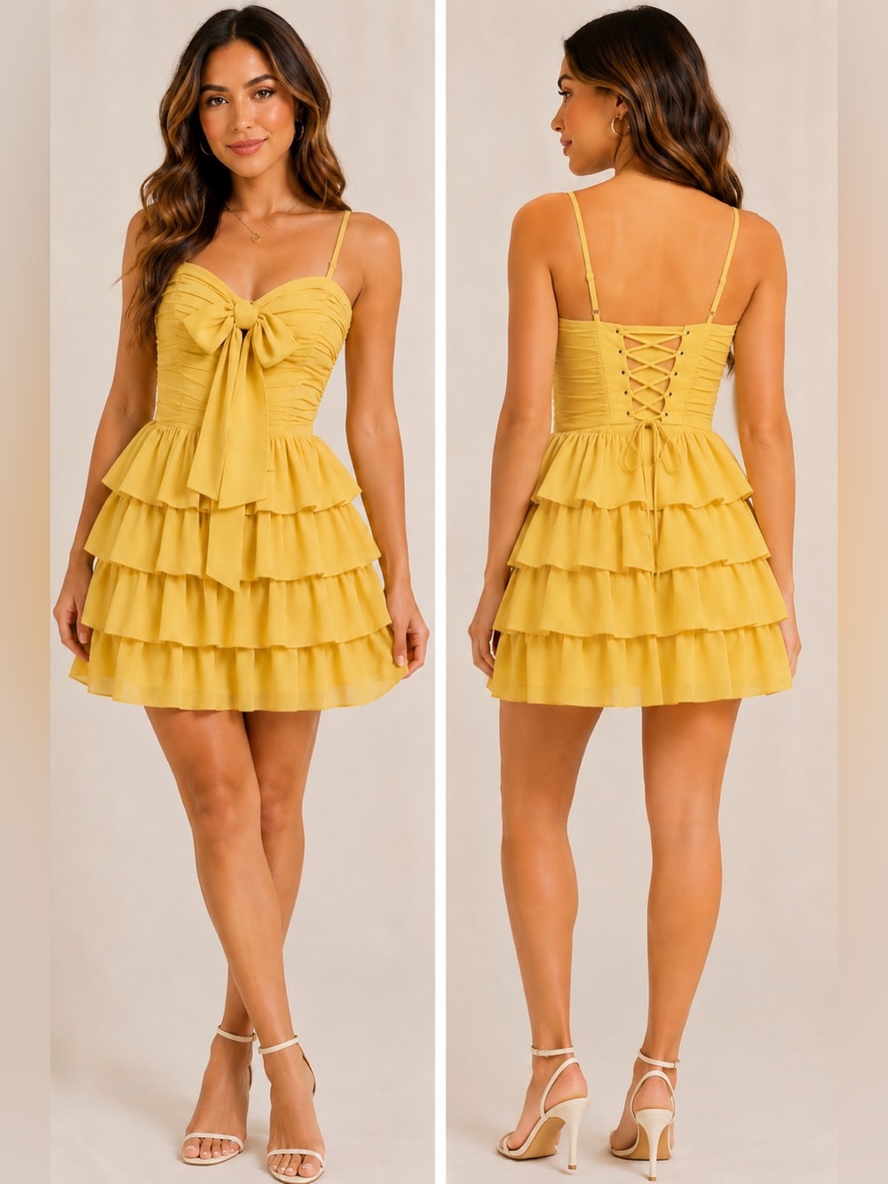 Mustard Yellow Ruffle Corset Back Mini Dress Bow Detail Size 2
